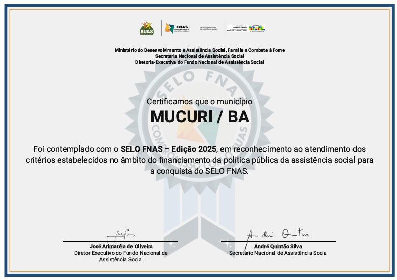  Mucuri recebe Selo FNAS 2025 por boa gestão dos recursos da Assistência Social